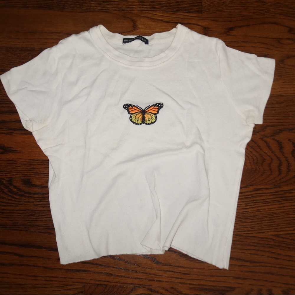 Brandy Melville Cream T-Shirt with Butterfly Patch